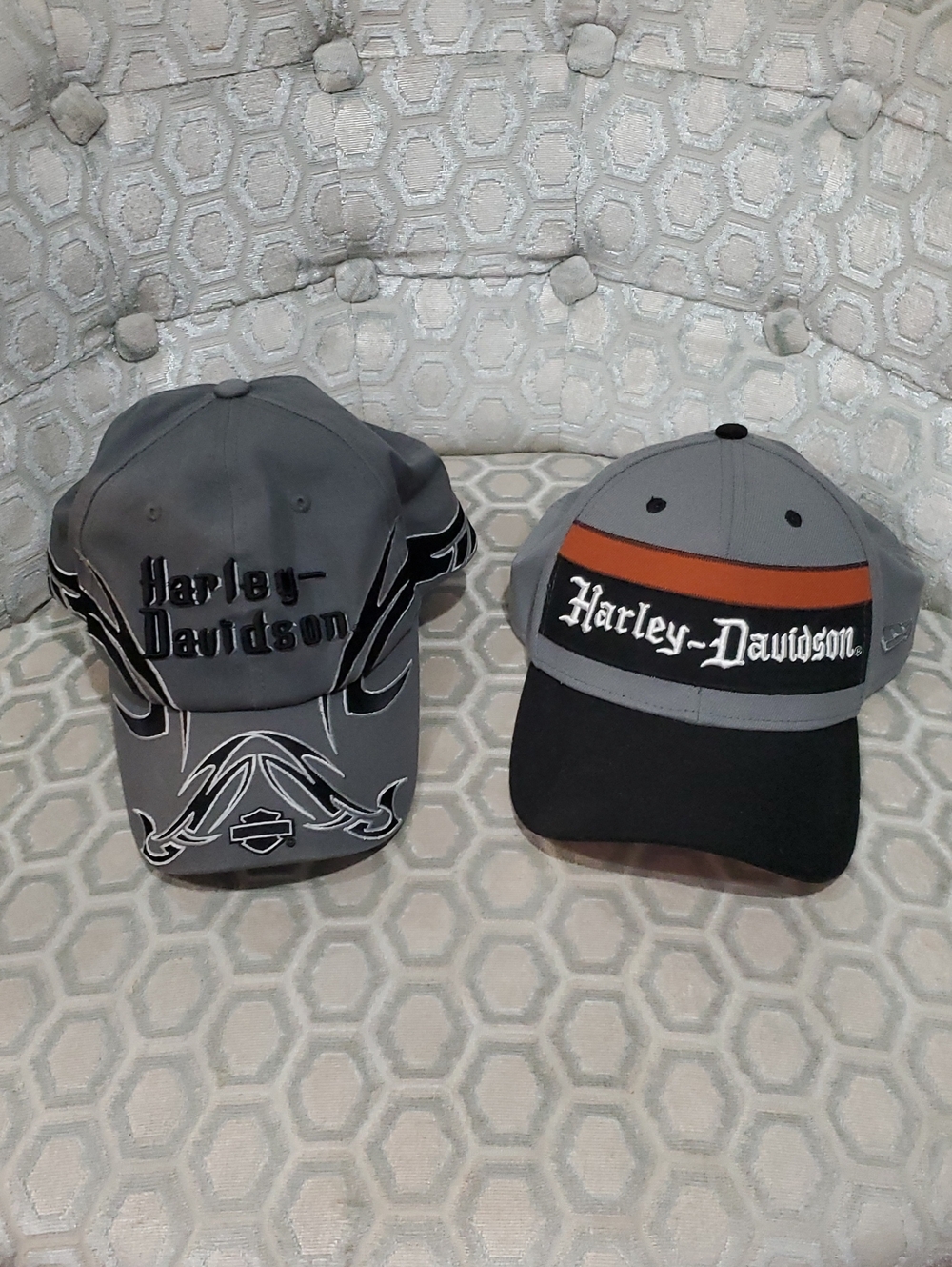2 Harley-Davidson Hats - 1 Flame, 1 Gray, Black & Orange